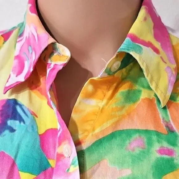 Lauren Ralph Lauren  Pink Yellow Graphic Button Down Shirt - Picture 6 of 8